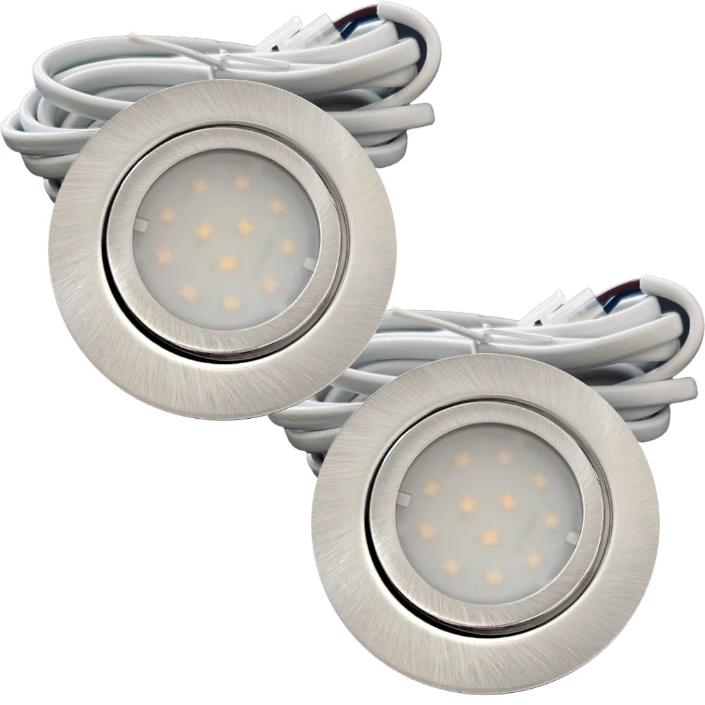 IP44 LED Möbeleinbauleuchte 12V flach 2 x 2,4W Möbelstrahler New Lina 200lm Edelstahl geb. inkl. LED Trafo und AMP Verteiler 3000K Warmweiß Lochausschnitt: 55 bis 60mm