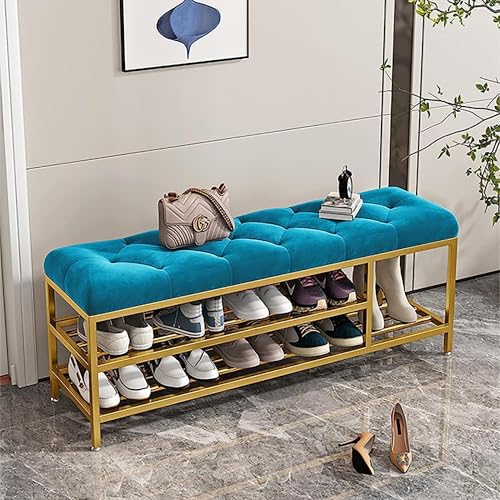 Image of Entryway Shoe Rack with Cushioned Seat, Shoe Bench for Entry, 2 Shelves Storage Bed Bench