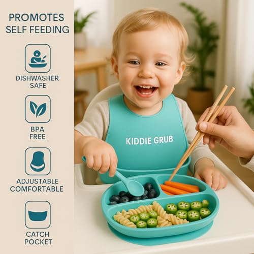 Image of 7 Pcs Baby Feeding Set with Napkin BPA Free Baby Dinner Set, Silicone Feeding Set for Baby 6+ Months, Baby Weaning Set, Baby Suction Plate and Spoon Cutlery Set, Silicone bib and Bowl