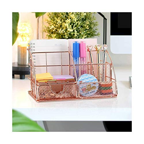 Multi-Functional Stationary Desktop Storage Organizer with Drawer, File Tray and 4 Upright Sections for Office Supplies and Desk, Rose Gold