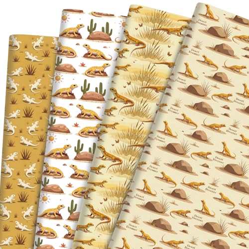 Pineraap Gecko Wrapping Paper 12 Sheets Leopard Gecko Desert Themed Designs Exotic Pet Gift Wrap for Reptile Lovers, Pet Owners, 20"×28"