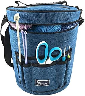 BeCraftee Knitting Bag  Large, Portable Craft Bags for Wool and Crochet Accessories w/ 7 Pockets, Handle & Shoulder Strap - Blue