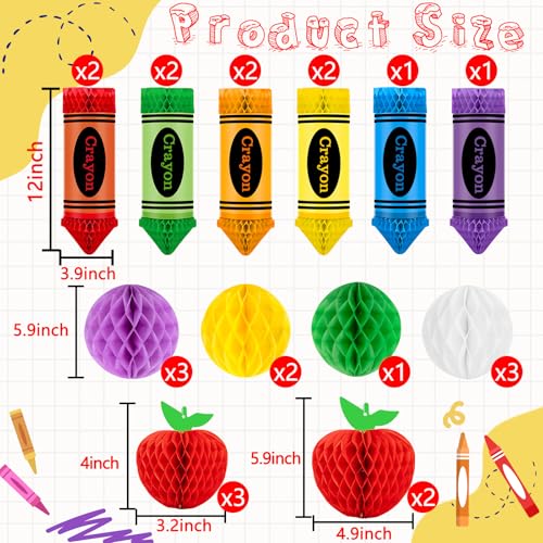 Image of 24Pcs Apple-Shaped Crayon-shaped Hanging Honeycomb Balls Welcome Back to School Classroom Decorations for Teacher Appreciation Week First Day of School Party Supplies Decor