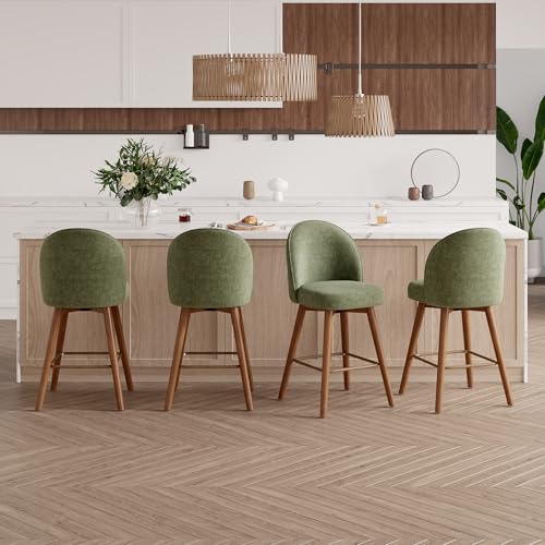 Image of Modern Swivel Bar Stools Set of 4, Chic Upholstered Counter Height(26IN) Bar Chair with Back, Solid Wood Legs and Footrest, Comfortable Chenille Bar Stool for Kitchen Island, Soft Green