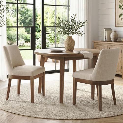 Image of HNY Modern Dining Chairs Set of 2 with Comfortable Back Support, Farmhouse Soft Linen Upholstered Kitchen Dining Room Chairs with Solid Wood Legs, Armless Accent Side Chairs for Living Room, Beige