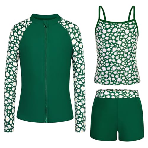 Rash Guard for Girls Long Sleeve 3 Piece Teens Swimsuits Zip Up Bathing Suit with Pockets Boyshorts (6-16Y) Green Floral 6-7 Years