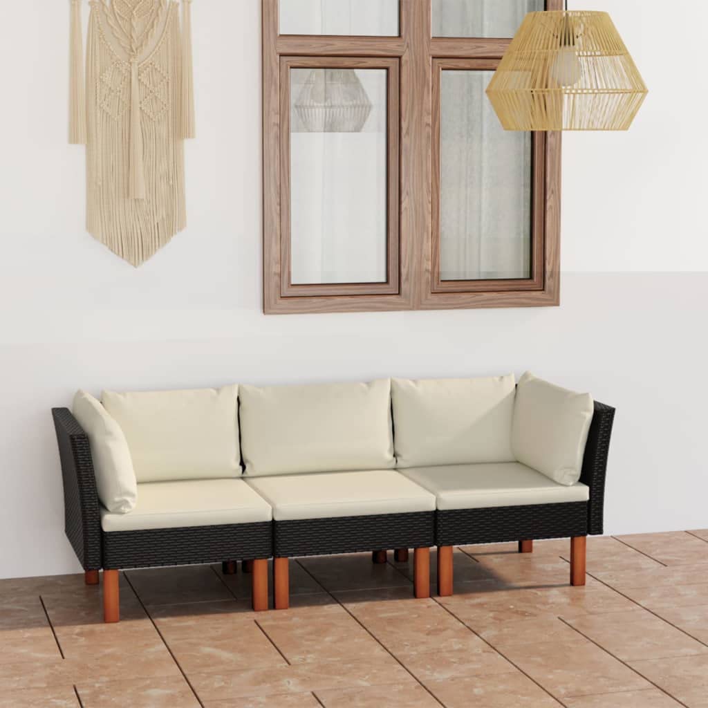 Divano da giardino a 3 posti, con cuscino, nero, in polyrattan, per esterni, set di mobili da giardino, per giardini, terrazze e balconi