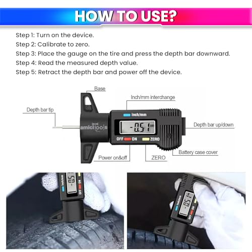 Image of amiciTools Digital Tire Thread Depth Gauge with LCD Display, 0-25mm Accurate Measurement for Cars, Trucks, Motorcycles Wheel
