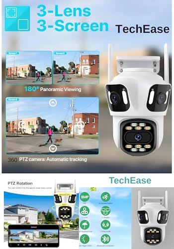 Image of TechEase 12MP Triple Lens WiFi CCTV Camera | 4+4+4MP Triple View | Color Night Vision | AI Human Detection | 2-Way Audio | SD 256GB | Cloud | IP68 | TE-Tr1