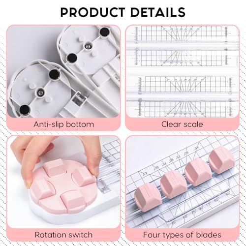Bafiwu 4-in-1 Papierschneider mit Rillwerkzeug, Lineal und Maßstab für Scrapbooking, Karten und DIY (Pink)