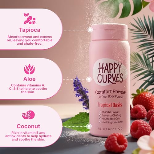 Image of HAPPY CURVES Comfort Powder: Talc Free Anti Chafe Body & Foot Dusting Powder Deodorant to Control Inner Thigh Chafing, and Private Areas 6oz (Pack of 1) - Tropical Oasis