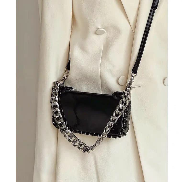 Women's black mini patent leather chain, cool girl simple fashion diagonal straddle shoulder bag4