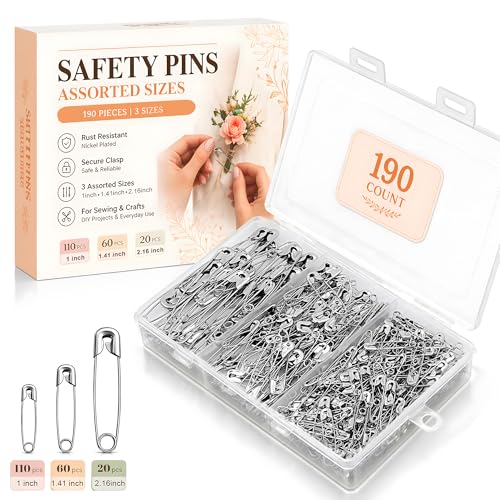 190 Pcs Safety Pins for Clothes – Assorted Sizes Heavy Duty Nickel Plated Safety Pins for Sewing, Crafting, Diapers – Large & Small Pins for Everyday Use
