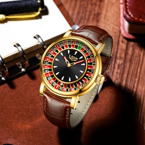 Image of LIGE Mens Roulette Wheel Watches Casino Themed Quartz Analog Watch 3ATM Waterproof Glowing Man Wrist Watches