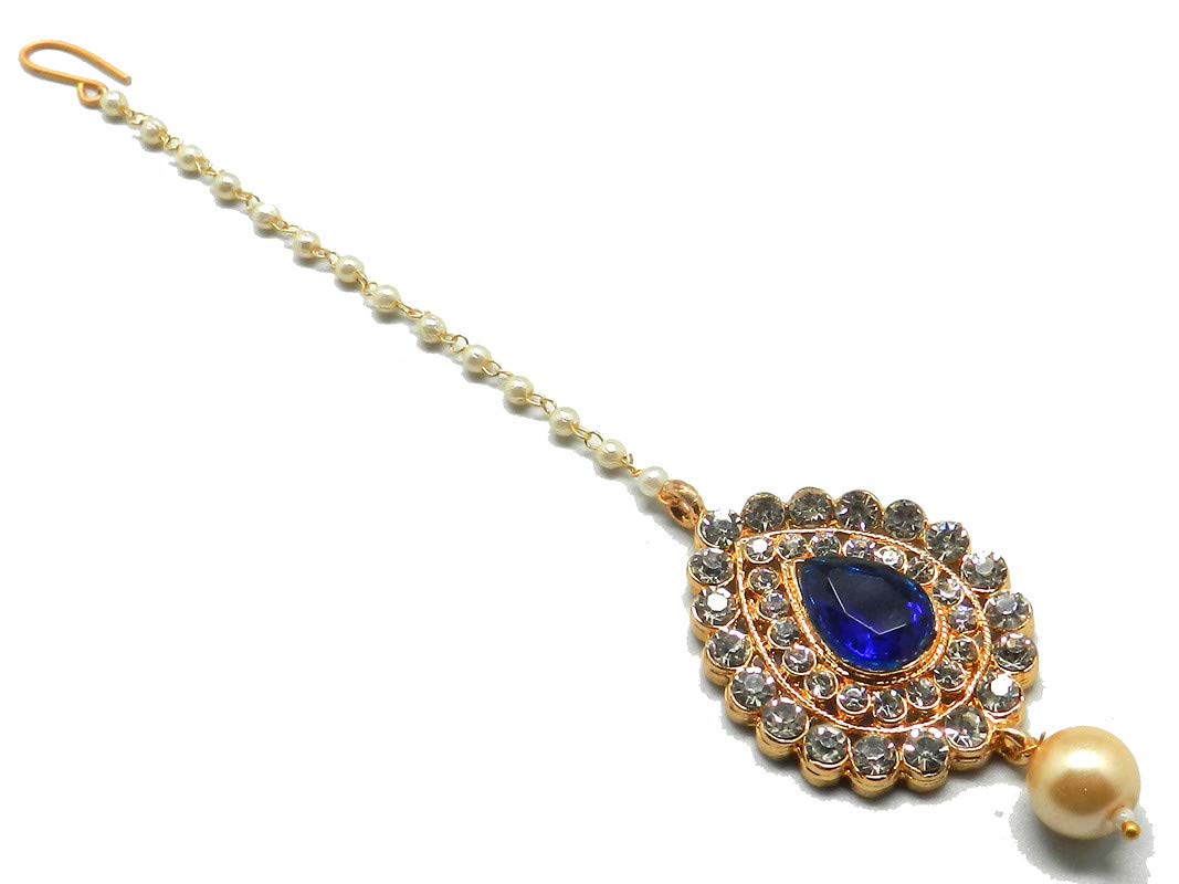 Chand Bali Shaped Maang Tikka Decorated with American Diamond & Pearl Drops (Blue-B)-image-15