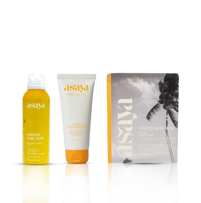 Asaya Sun Recovery Skincare Set | Pack of 3 D Tan Facial Kit | Sunscreen Spray 150ml, D Tan Face Wash 100g & D Tan Sheet Mask Set | Tan Removal Kit for Women & Men | 3 Step Skincare Routine for Face