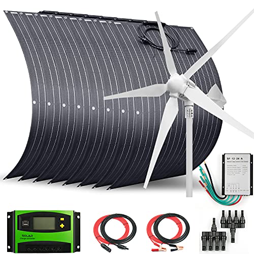 Auecoor 1800 Watts 24 Volts Solar Wind Hybrid System Kit:8Pcs 100W Etfe Flexible Monocrystalline Solar Panel+1000W Wind Turbine Generator+Accessories #TOP27
