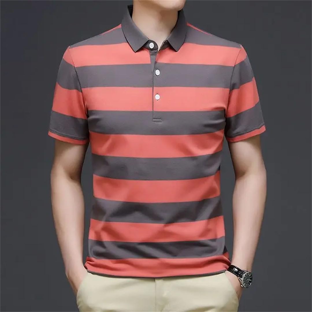 Polo de manga corta para hombre, a rayas, de algodón, con solapa, holgado, de secado rápido, para negocios