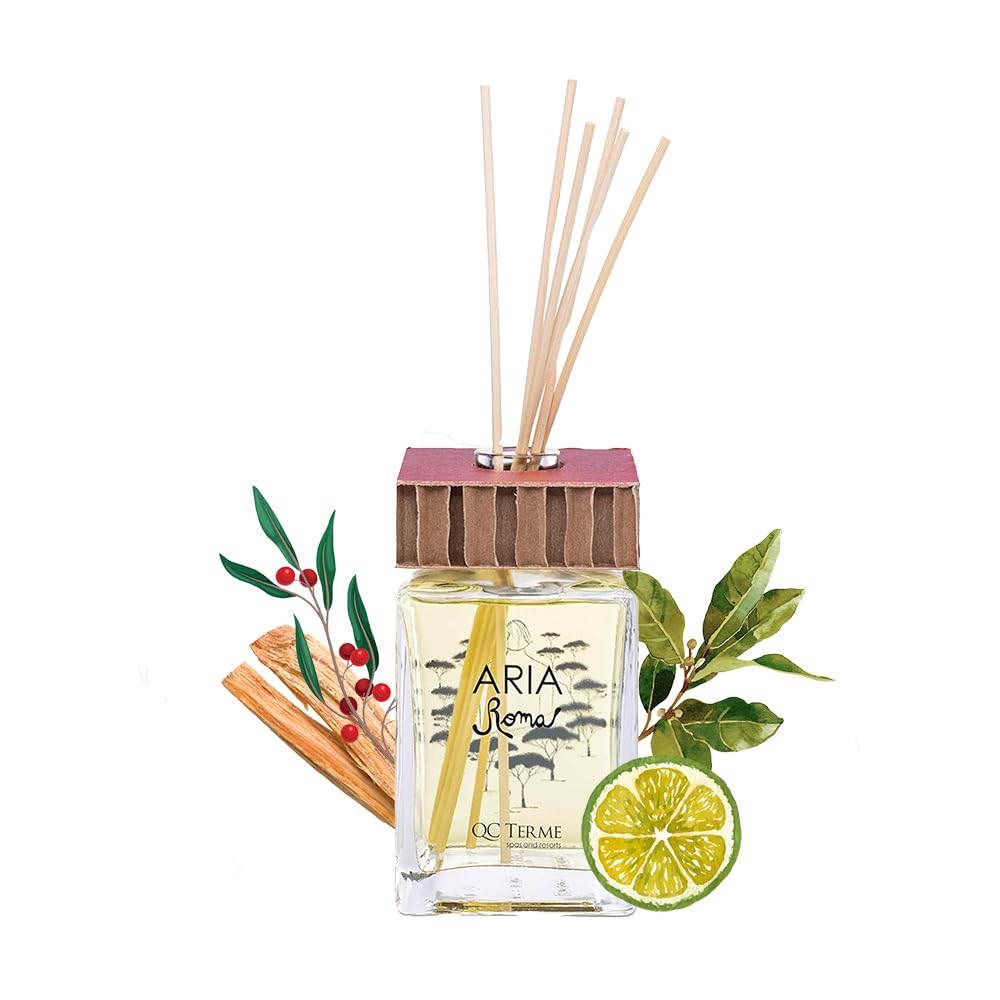 QC Terme ARIA ROMA, Profumatore per ambiente in vetro a bastoncini 250 ml, Fragranza mediterranea con note di bergamotto e legno di sandalo, Made in Italy