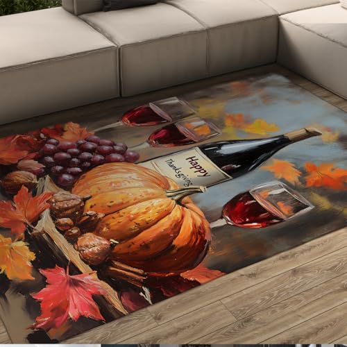 感謝祭 140x200cm - エリアラグ 紅葉 カボチャ ブドウ ドリンク パターン ローパイル フロアマット リビング ダイニング ルーム キッチン ウォッシャブル