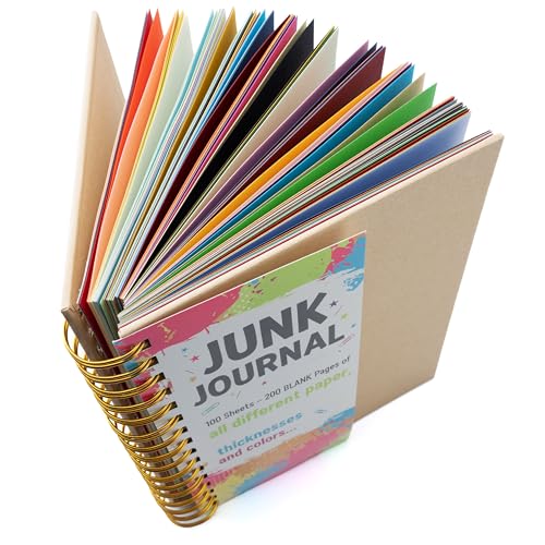 Junk Journal 8.5x5.5 Half Letter 100 Unique Sheets 200 Pages Spiral Bound Notebook with Mixed Color Cardstocks Papers (110/130/180 GSM) Vintage Kraft Cover 1500gsm Gold Coil Art Journal for Writing Scrapbooking & DIY Craft