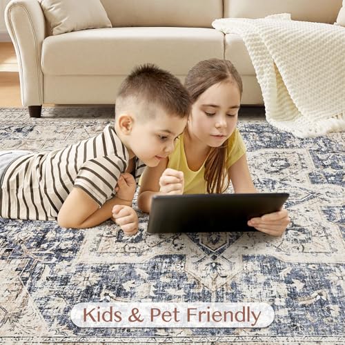 Tortania Area Rug Living Room Rugs - 12x15 Washable Boho Rug Vintage Oriental Distressed Farmhouse Large Thin Indoor Carpet for Living Room Bedroom Under Dining Table Home Office - Cream Blue