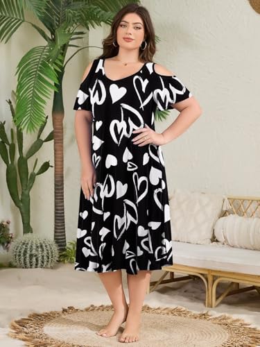 Image of LARACE Plus Size Women Dress for Summer, Midi Women's Sundress, Casual V-Neck Short Sleeve Flowy T-Shirt Dresses with Pockets