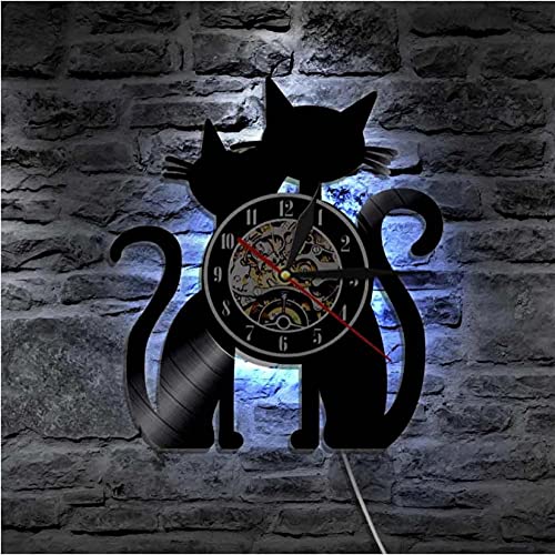 Reloj de pared, luz nocturna LED, diseño de disco de vinilo hecho a mano, silueta de gatos, pieza decorativa moderna para amantes de los gatos