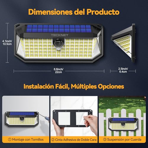 Miniatura 7 de Tecknet Luz Solar Exterior, 4200lm 416 Led Focos Led Exterior Solares De Movimiento 300 Iluminacion 3 Modos Ip66 Impermeable Focos Led Solares Para Jardín, Garaje, Patio, 2 Paquete