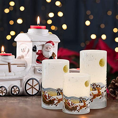 Image of Eldnacele Christmas Flameless Candles with Timer, LED Flickering Battery Pillar Candles with 6H Timer and Santa Snowman Decals, Festival Winter Party Decoration Set of 3 (D 3 inch x H 4 inch 5 inch 6 inch) - Santa
