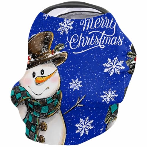 Nursing Cover for Breastfeeding Scarf, Merry Christmas Hand Drawn Snowman Snowflake Blue Baby Car Covers Super Soft Multi Use for Canopy Shopping Cart Cover Blanket Stroller Cover