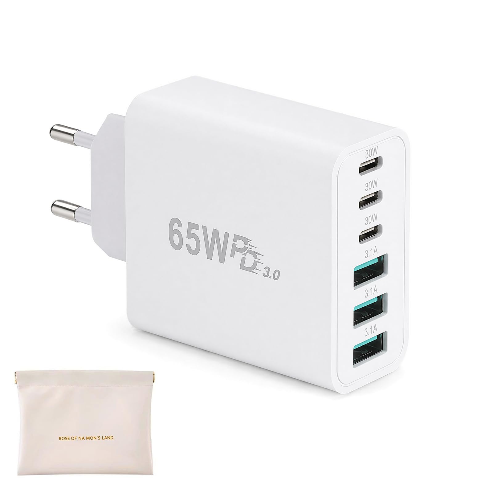 TNSLAND ładowarka USB C 65W, wieloportowe ładowarka USB 6 portów, ładowarka USB C szybka, wielokrotne gniazdo USB C z systemem ochronnym, adapter ładowania do iPhone, Samsung, tablet, laptop, biały