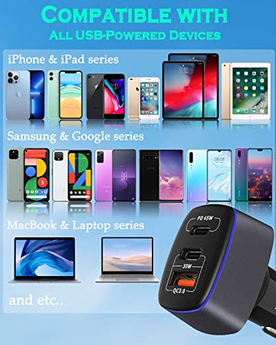 Image of USB C Car Charger 95W, 3-Port PD 65W PPS 55W QC3.0 30W Fast Car Charger for iPhone 14 /13 /12 /11 Pro Max, Samsung Galaxy, Google Pixel, MacBook /Laptop /iPad, Cigarette Lighter Adapter with Type-C Cable