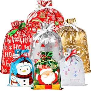 habgp 35 bolsas de regalo de Navidad, bolsas de regalo con cordón de Navidad, grandes, medianas y pequeñas, varios tamaños para envolver regalos de Navidad y suministros de fiesta