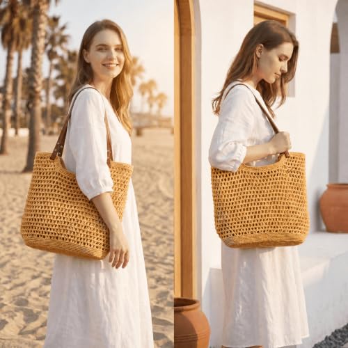 Image of Crochet Beach Bag for Women, Woven Beach Tote with Zipper Closure, Large Boho Summer Bag for Vacation & Pool