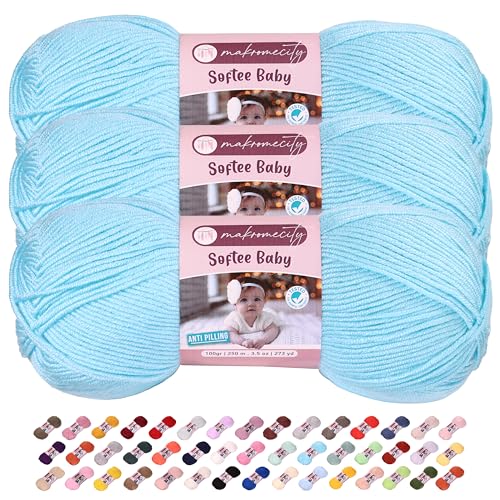 Image of 3 Skeins of Makromecity Softee Baby Yarn,%100 Premium Anti-Pilling Acrylic, 3.5 Oz, 273 yd (100gr /250 mt) Each, Soft Yarn for Crocheting and Knitting (Blue, 3 Skeins)