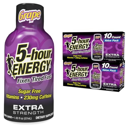 5-hour ENERGY Extra Strength Grape Energy Shot 1.93oz, 20-Pack – Sugar Free Caffeine Energy Booster with B-Vitamins & Amino Acids – Zero Calorie