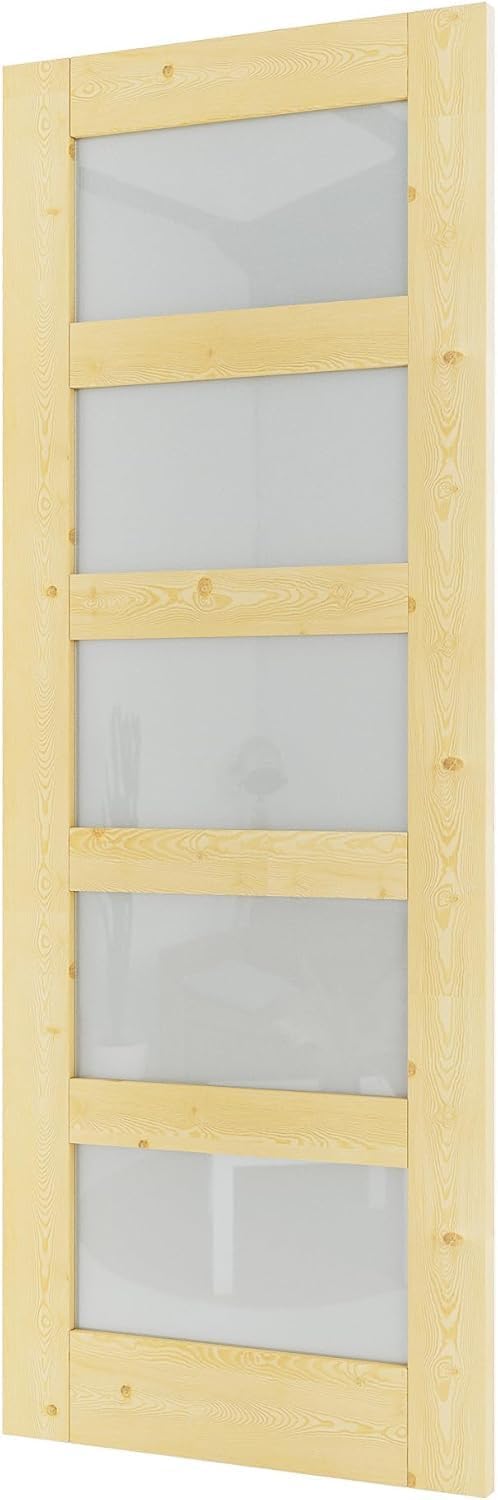 28x80 5-Panel Prebuilt Frosted Glass Wood Door Slab, Sliding Barn Wood Door with Glass, Interior Doors, Solid Natural Pine Panelled Slab, as Storage, Bedroom, Pantry, Laundry Room Doors
