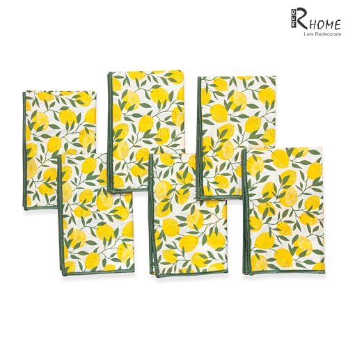 Image of R home Lemon Printed Cotton Table Napkins Set of 6 (40x40 cm / 16x16 Inches) Reusable & Machine Washable Cloth Napkins for Dining Table, Dinner, Parties & Cocktail Use