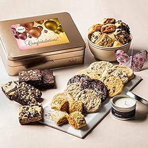 Dulcet Gift Baskets Congratulations Aroma Therapy Candle Gift Box ‘Classic Tin Treats Within’ Featuring a Variety of Brownies and Cookies Amazing Gift Idea for Him and Her with Fast Delivery