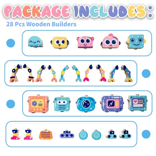 Hdsahdok Wooden Snap Together Building Toys, STEM Blocks Toys, 28 Pcs Robot Take Apart Toys Playset, Montessori Educational Fine Motor Skill Toy, Gift for 3 4 5 6 7 8 Years Old Kids - Image 5