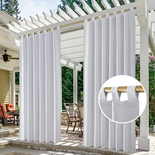 Homeideas 2 Panels Tab Top Outdoor Curtains For Patio Waterproof, Greyish White Blackout Outdoor Curtains, 52 X 84 Inch Thermal Insulated White Outdoor Patio Curtains For Porch/Pergola/Cabana/Gazebo #TOP8
