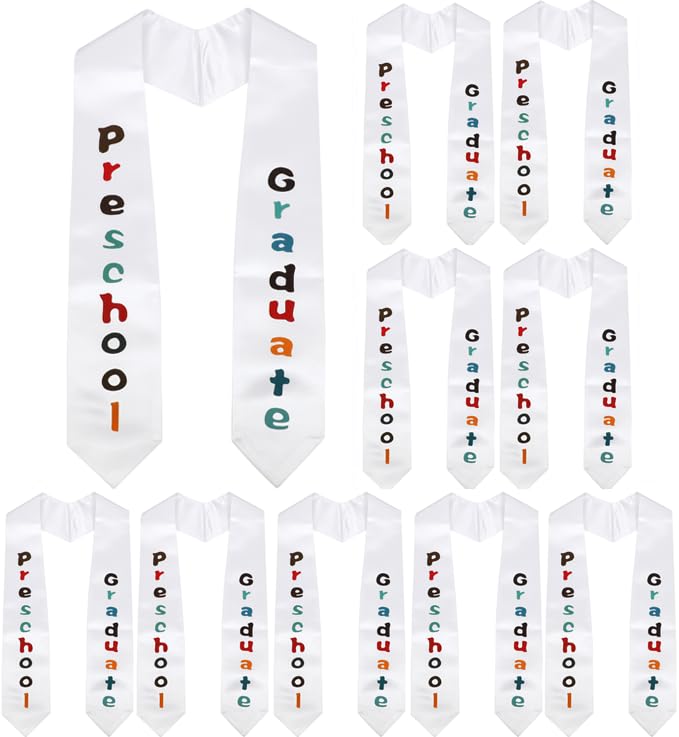 10PCS Unisex Kindergarten Preschool Graduation Stole Sash for Kids, White with Colorful Words
