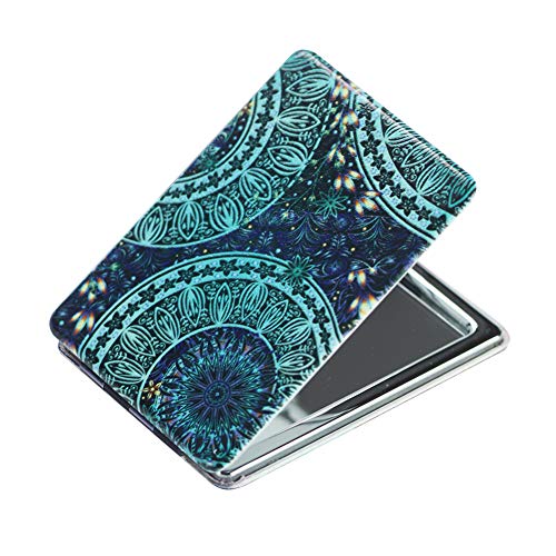 QIELIZI PU Double Sided Mirror,Compact Mirror,Pocket-size Travel Makeup Mirror 1X and 2X Magnification Portable Folding Cosmetic Mirrors(Green Flower)