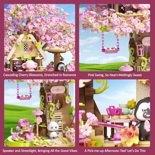 Cherry Blossom Bonsai Tree House Building Kit with LED Lights & Music Box, 1613 pcs Sakura Micro Blocks for Adults, 3 Movable Dolls DIY Craft, Home Office Decor Gift — view 5