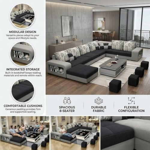 Image of Allister 12 Seater Sofa Set for Living Room (Black-Grey) | Interchangeable U Shape Sectional Sofa | Solid Wood Frame & High-Density Supersoft Foam | Includes Puffy & Stool | Modern Home Furniture