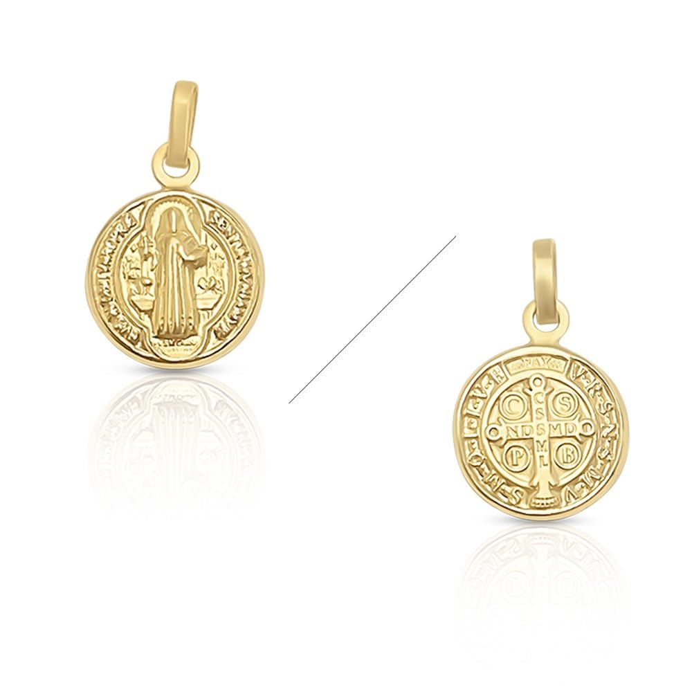 Medalla Colgante San Benito de Oro de Ley, Pulido y Satinado, Medida 9 mm