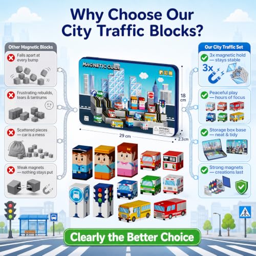 Image of Strong Magnetic Travel Blocks:Great for on-the-go Play Ages 3-8 | Ideal Travel Play for Car Backseats & Airplane Tray Tables-City Traffic Magnetic Blocks Set for Kids