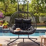 DAYAOUTDOOR Double Egg Chair with Stand for 2 Persons, Oversized Patio Hanging Basket Chair, Honeycomb Wicker Swing Chair with Thick Cushions & Headrests, 800LBS Heavy Duty Indoor Outdoor, Black
