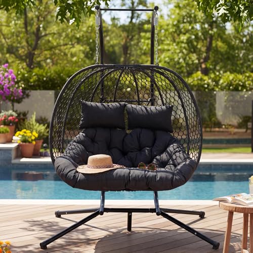 DAYAOUTDOOR Double Egg Chair with Stand for 2 Persons Oversized Patio Hanging Basket Chair Honeycomb Wicker Swing Chair with Thick Cushions & Headrests 800LBS Heavy Duty Indoor Outdoor Black